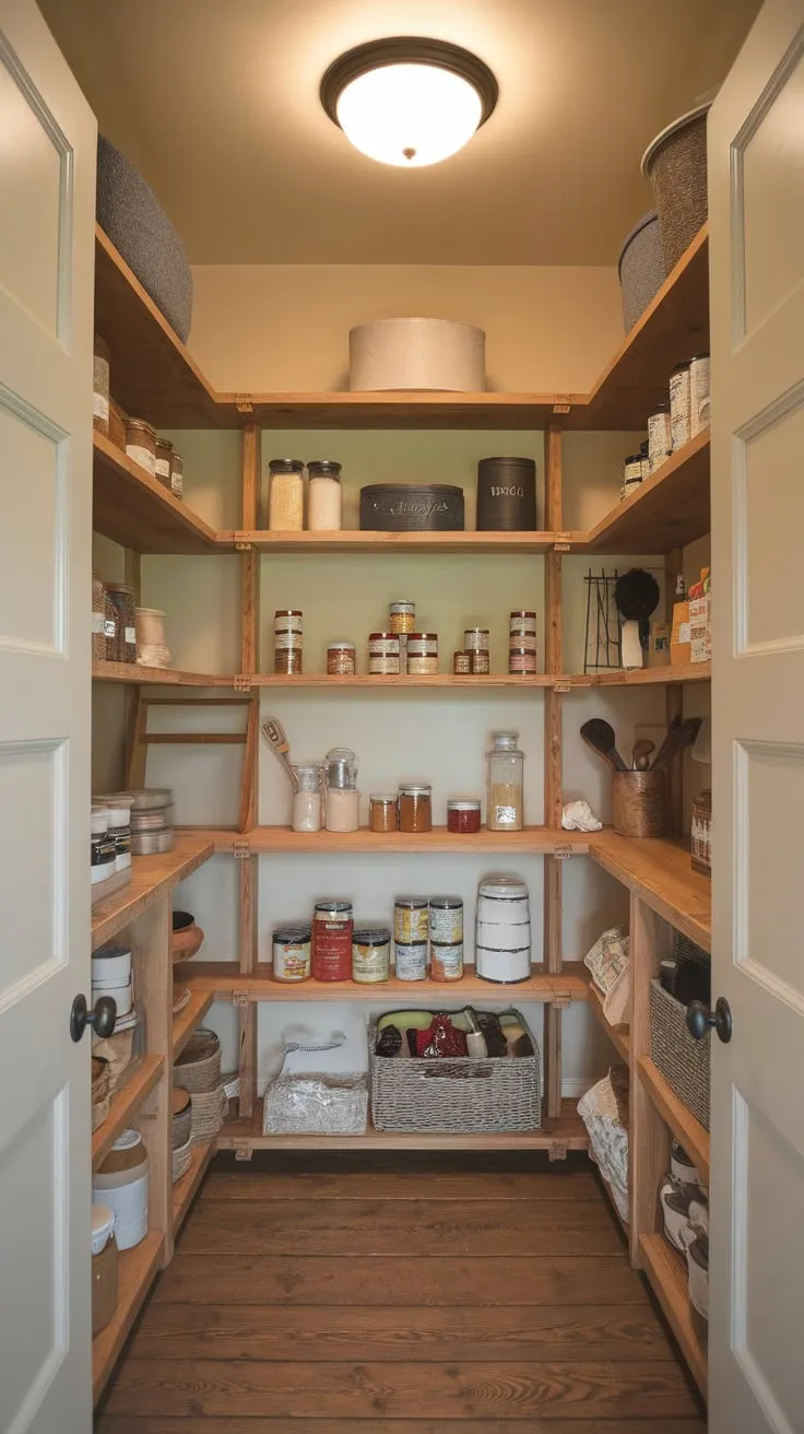 Rustic wooden shelving maximizes storage in a charming farmhouse walk-in pantry filled with jars, cans, and baking essentials.