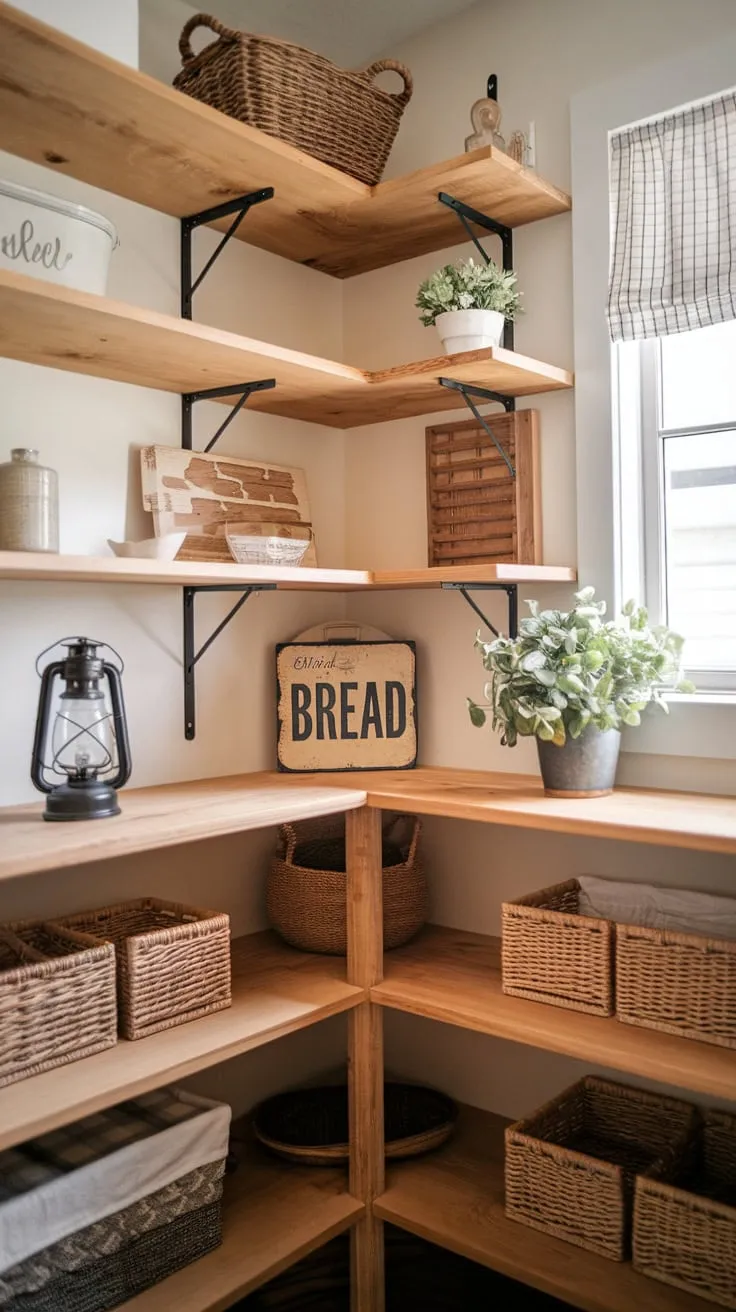 Rustic charm fills a farmhouse walk-in pantry boasting wooden shelving, vintage accents, and a cheerful window.