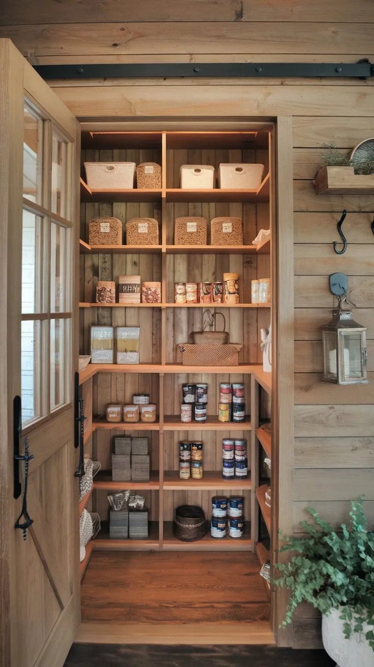 Rustic wooden walls and shelving create a charming walk-in pantry brimming with canned goods, grains, and spices.