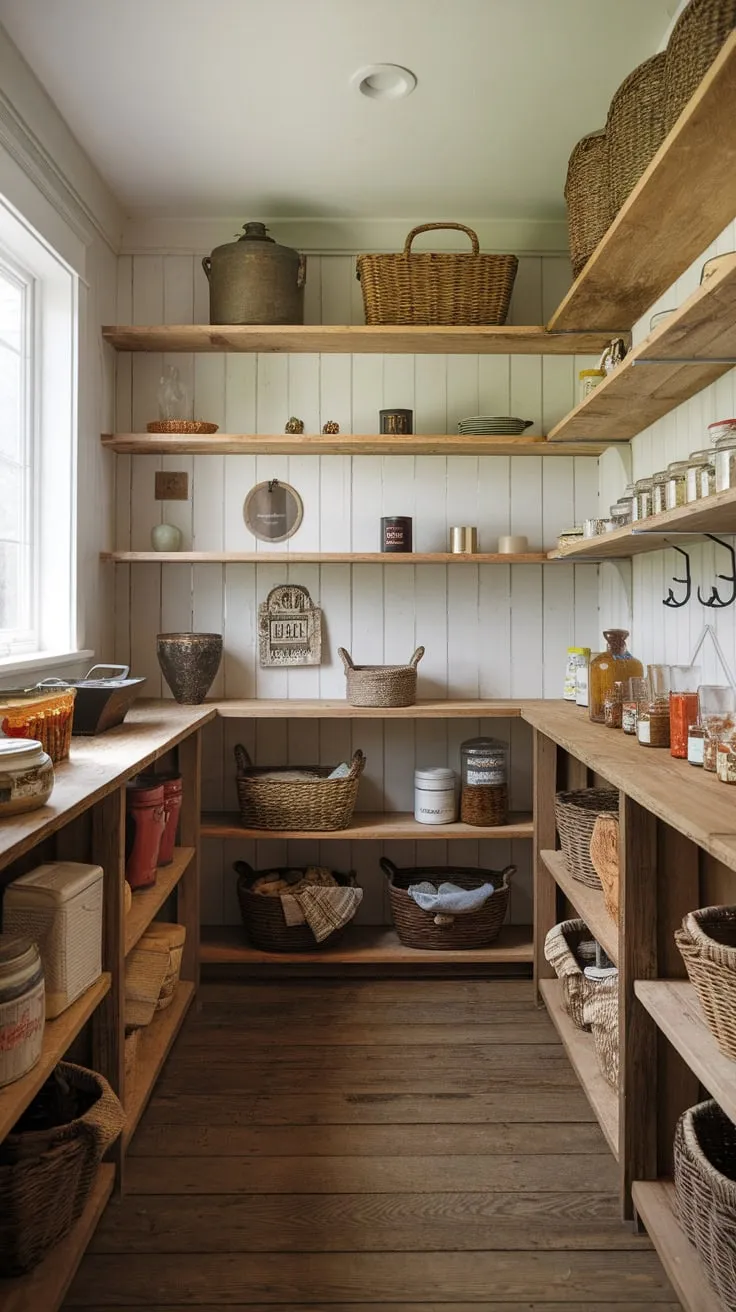 A charming farmhouse walk-in pantry boasts aged wooden shelves, rustic decor, and ample storage for a well-stocked kitchen