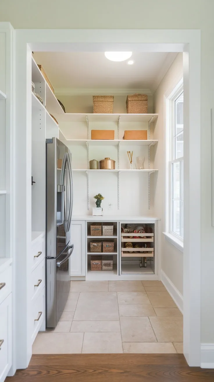 A white-painted walk-in pantry cleverly uses custom shelving and a hanging rod to optimize storage in even the smallest kitchens.