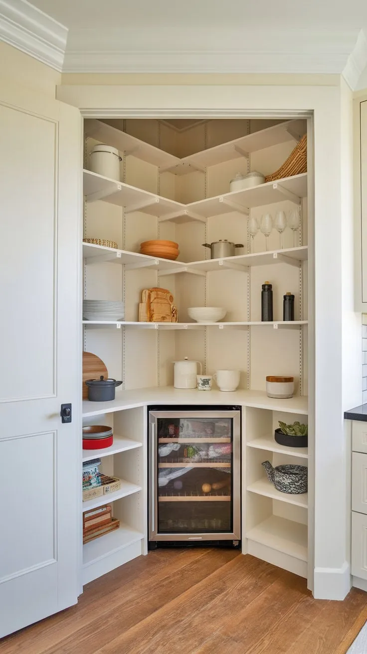 Sleek white custom pantry shelving cleverly incorporates a refrigerator in a corner space, enhancing kitchen organization and design.