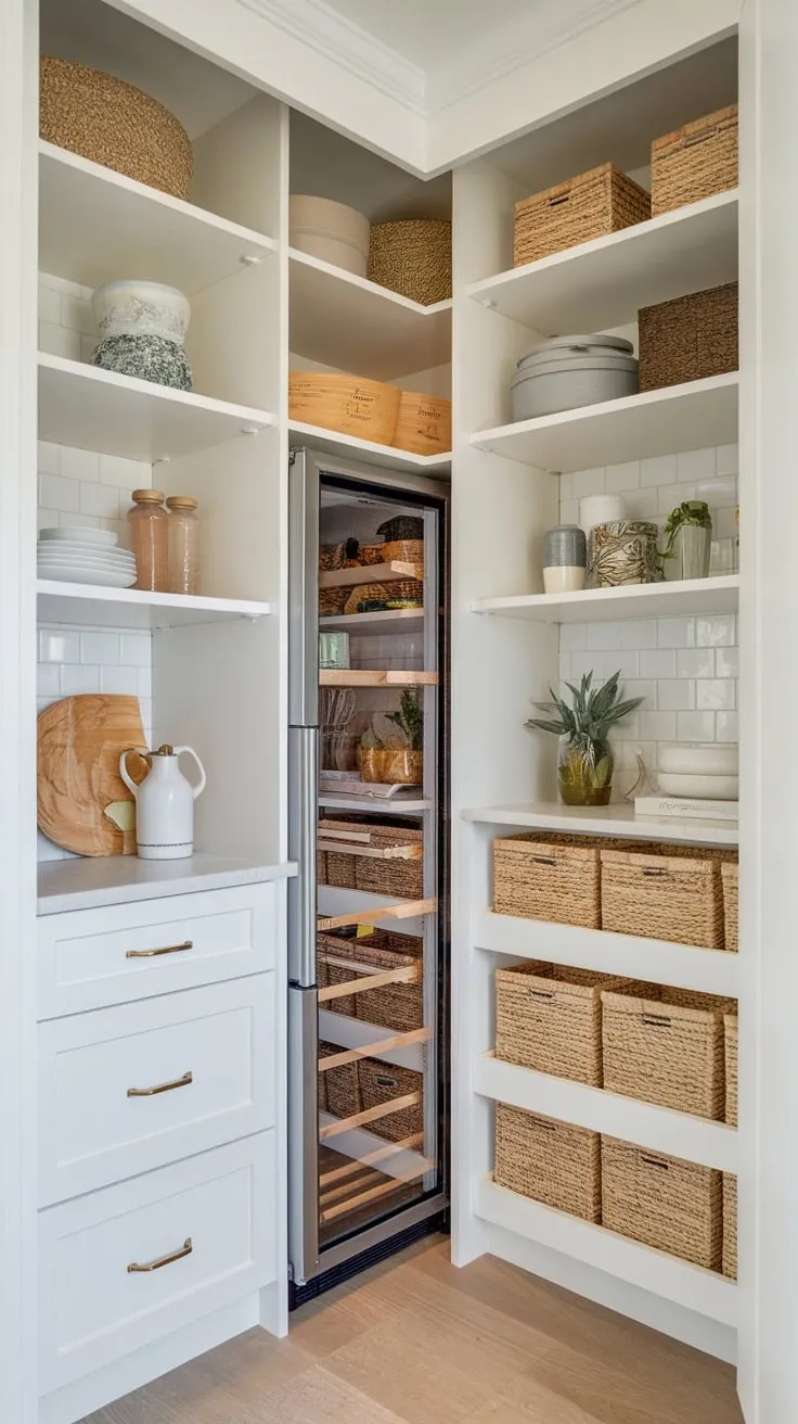 Maximize small-space storage with custom pantry shelving integrating a fridge and utilizing corner and utility shelving for efficient layout.