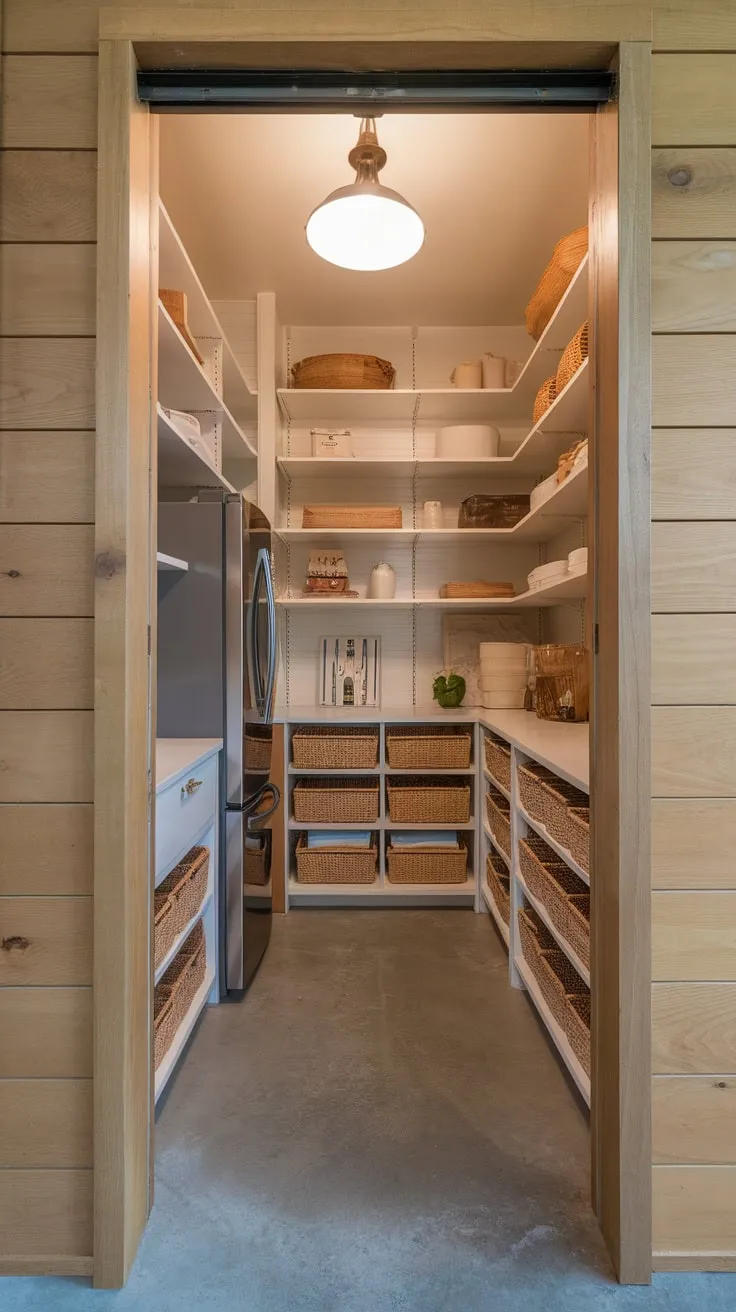 Transform your small space into an efficient and stylish pantry with custom shelving, a built-in refrigerator and microwave, and a clean, organized design.