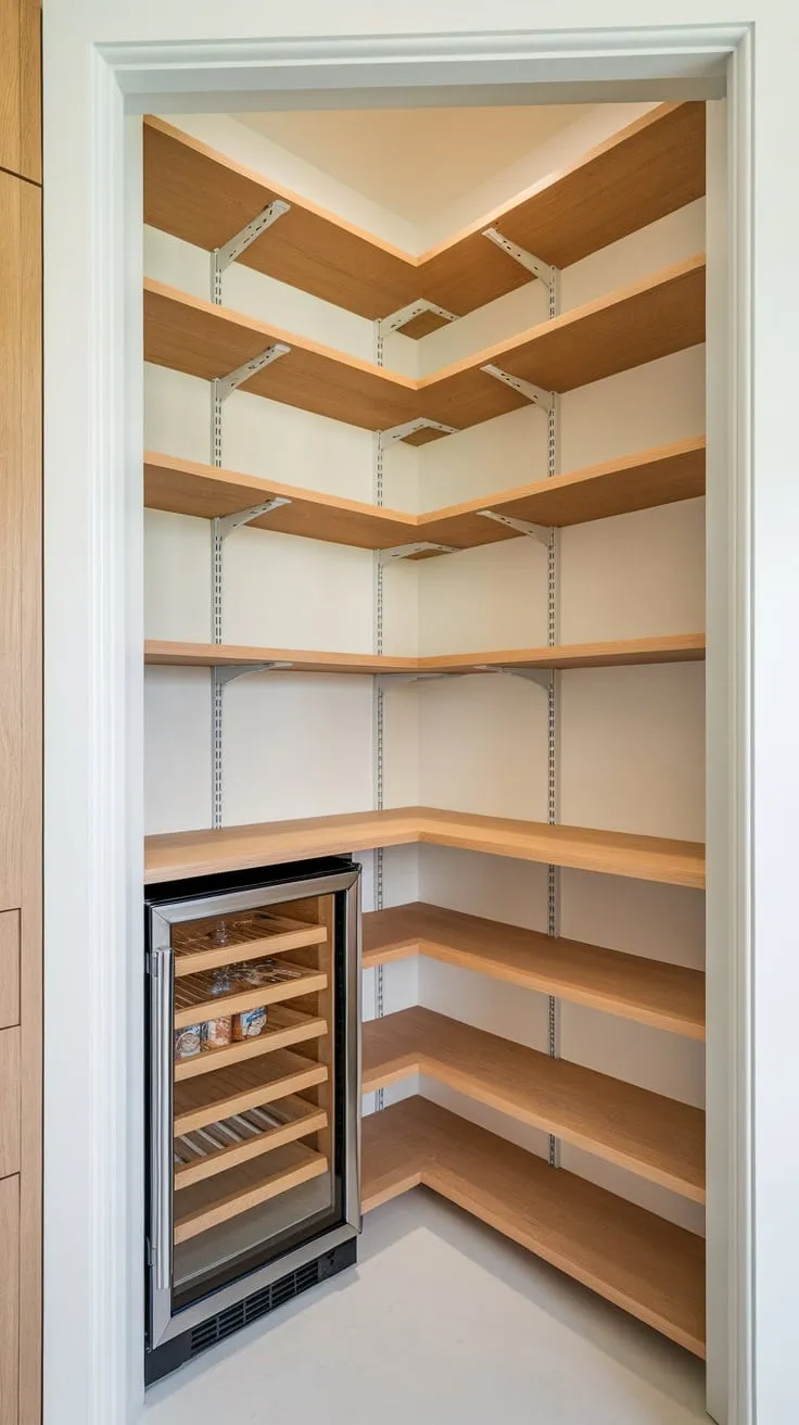 A space-saving, custom-built walk-in pantry featuring wooden shelves and a white backdrop efficiently utilizes a corner and integrates a refrigerator.