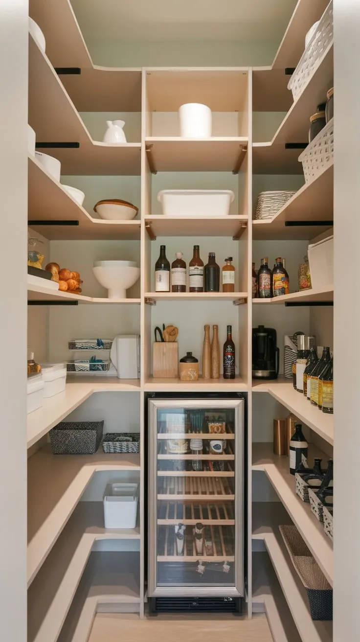 Maximize small-space pantry storage with a sleek custom design featuring multiple shelves, a fridge, and clever organization for both closet and walk-in areas
