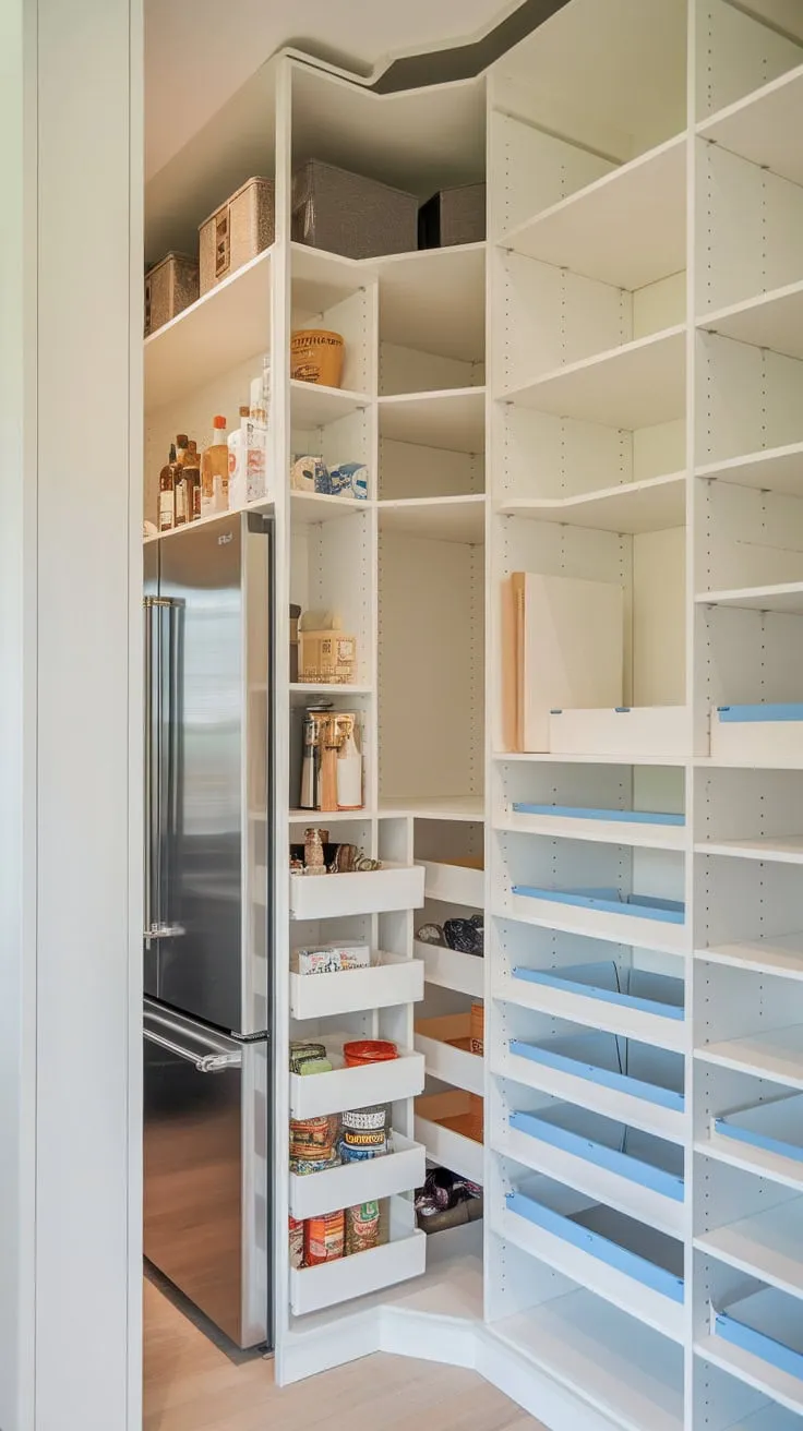 A custom pantry combining a walk-in refrigerator-freezer area and a closet with adaptable shelving creates an organized and efficient food storage solution.