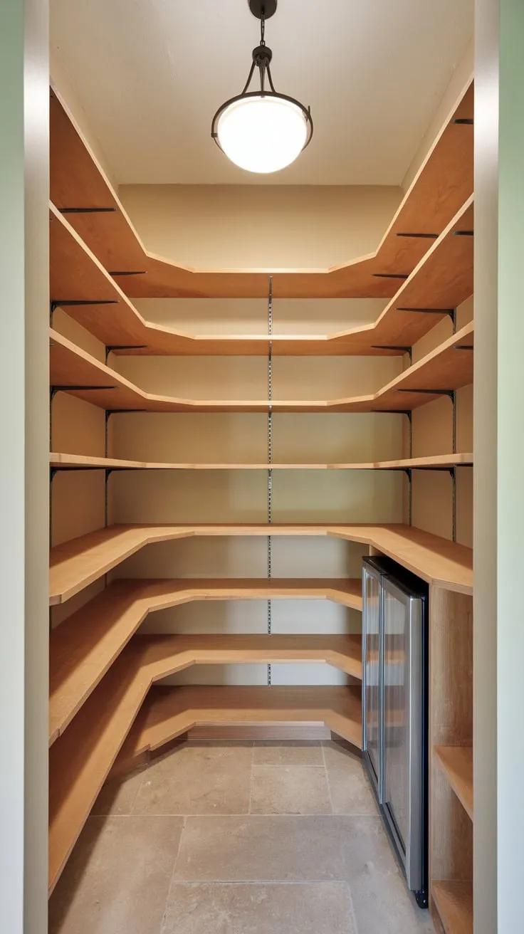 Maximize small-space storage with custom light brown wood shelving and a cleverly integrated refrigerator.