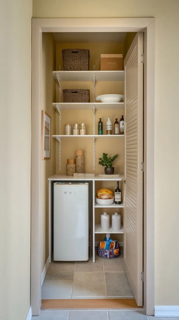 Maximize a small corner pantry's storage with clever shelving solutions despite limited space