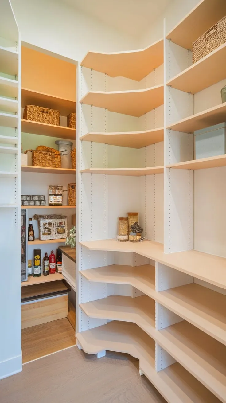 Transform your pantry into a highly efficient storage solution using a custom design that incorporates corner shelving and varied shelf widths to accommodate all your needs.