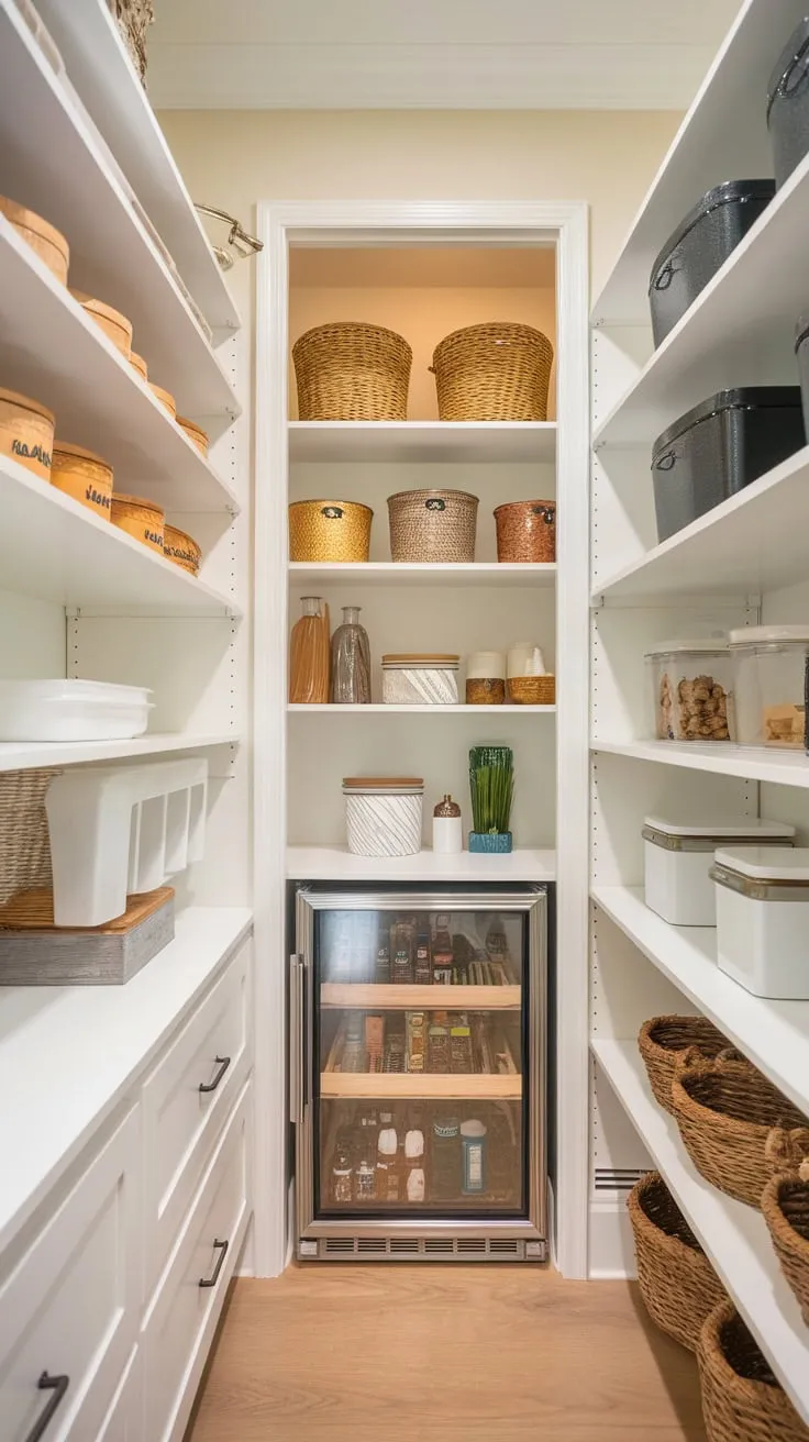 Maximize your small pantry's storage with adjustable shelving and clever design to accommodate a fridge and ample food containers
