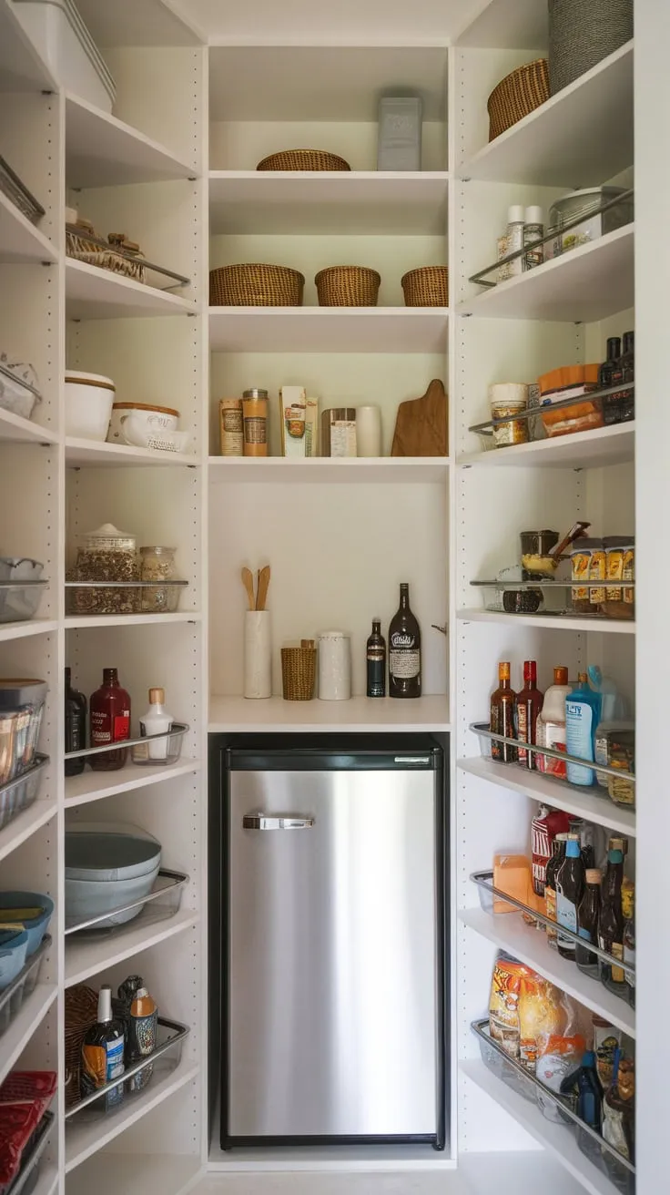 Maximize your small pantry's storage with built-in shelving, a slim corner unit, and clever refrigerator placement
