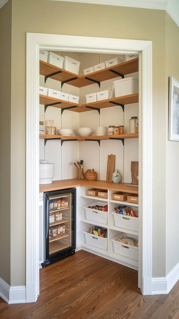Transform your small space with a custom-designed walk-in pantry boasting stylish wood shelving and convenient storage solutions