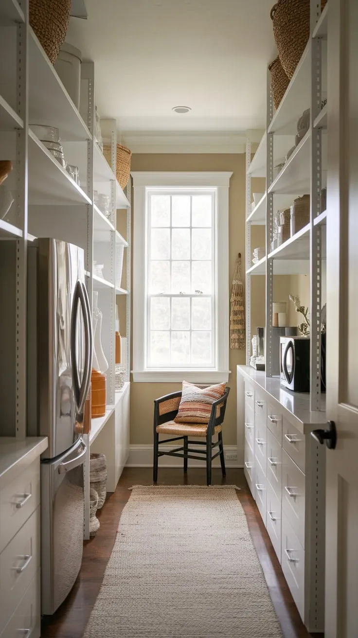 Transform a small utility pantry into a functional and inviting space using efficient shelving to accommodate a fridge, microwave, and comfortable seating.