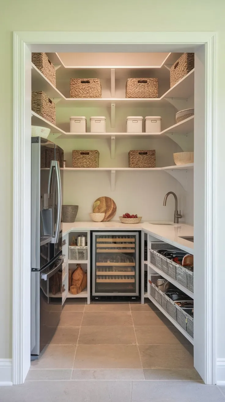 Maximize your corner space with custom pantry shelving, integrating appliances and smart storage for a highly functional kitchen.