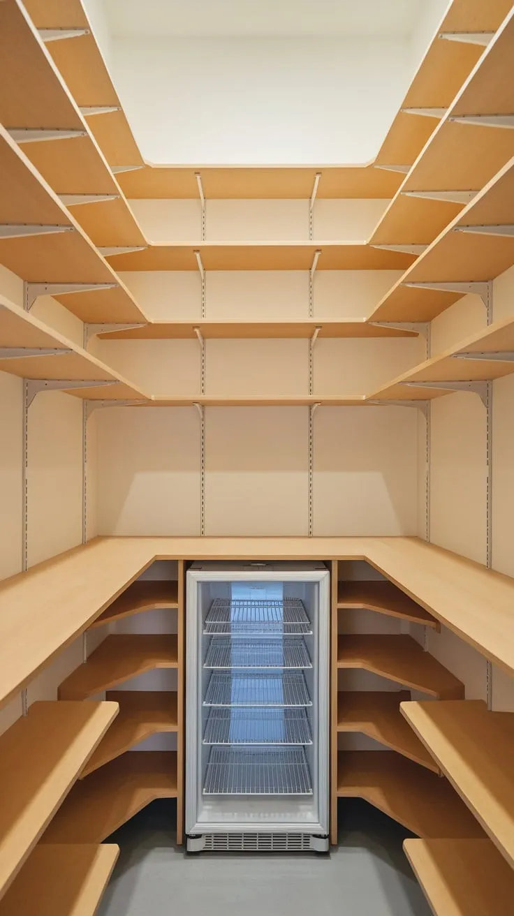 Custom-designed pantry shelving, including wall-mounted and free-standing units plus a strategically placed fridge, optimizes even the smallest space.