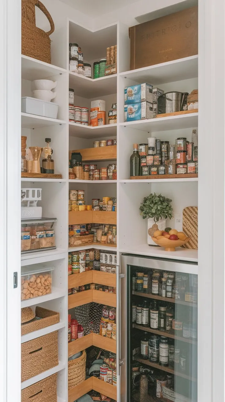 Maximize small-space storage with a custom-designed pantry featuring efficient shelving solutions for all your kitchen essentials and a cleverly integrated refrigerator.