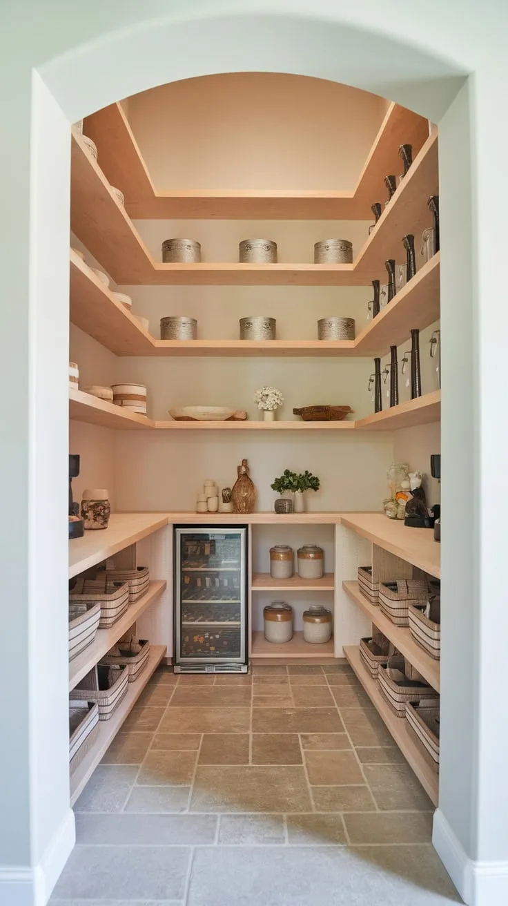 Maximize corner space with custom light wood shelving, creating a functional and stylish pantry alongside a refrigerator