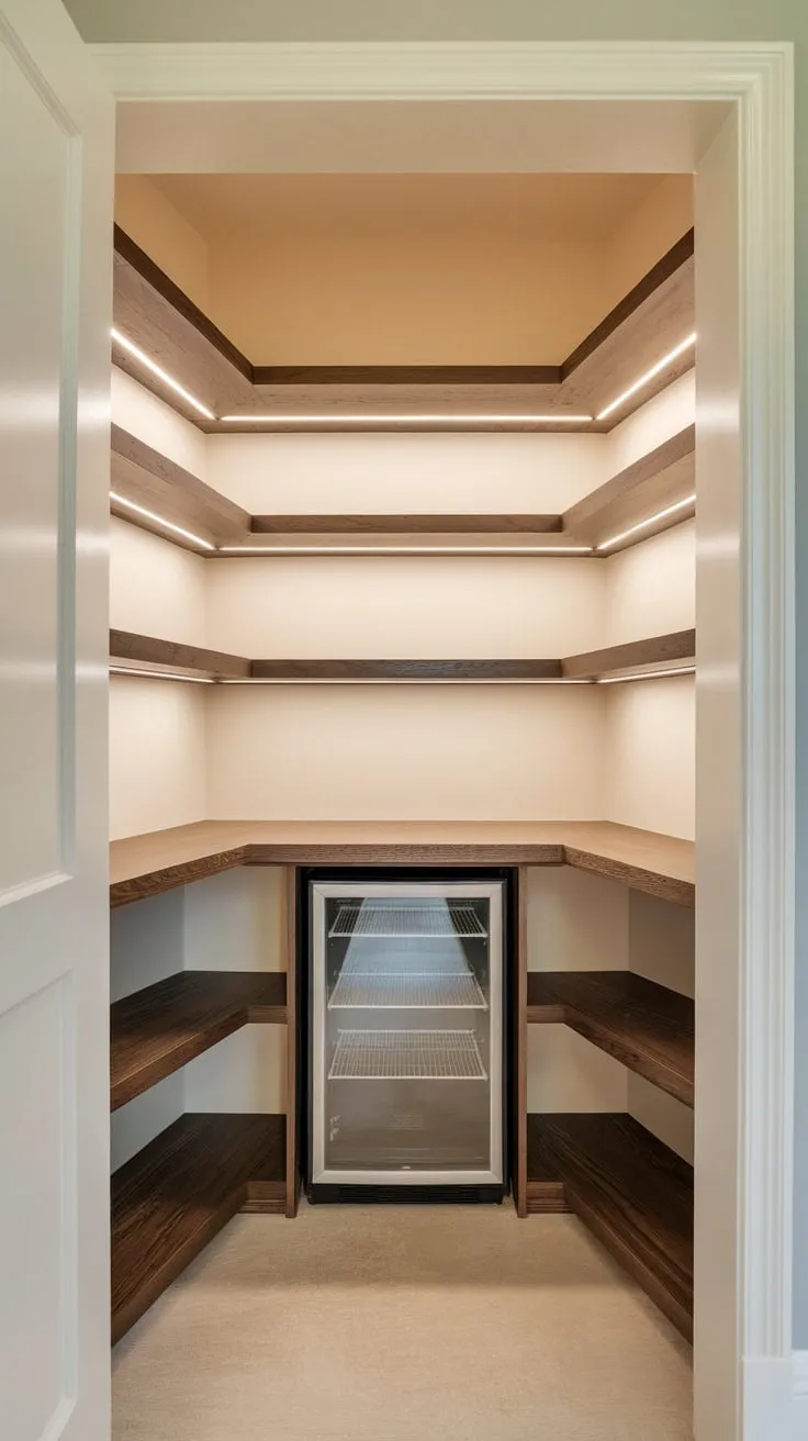 A corner pantry boasts custom wood shelving, soft lighting, and a built-in fridge, maximizing space and style