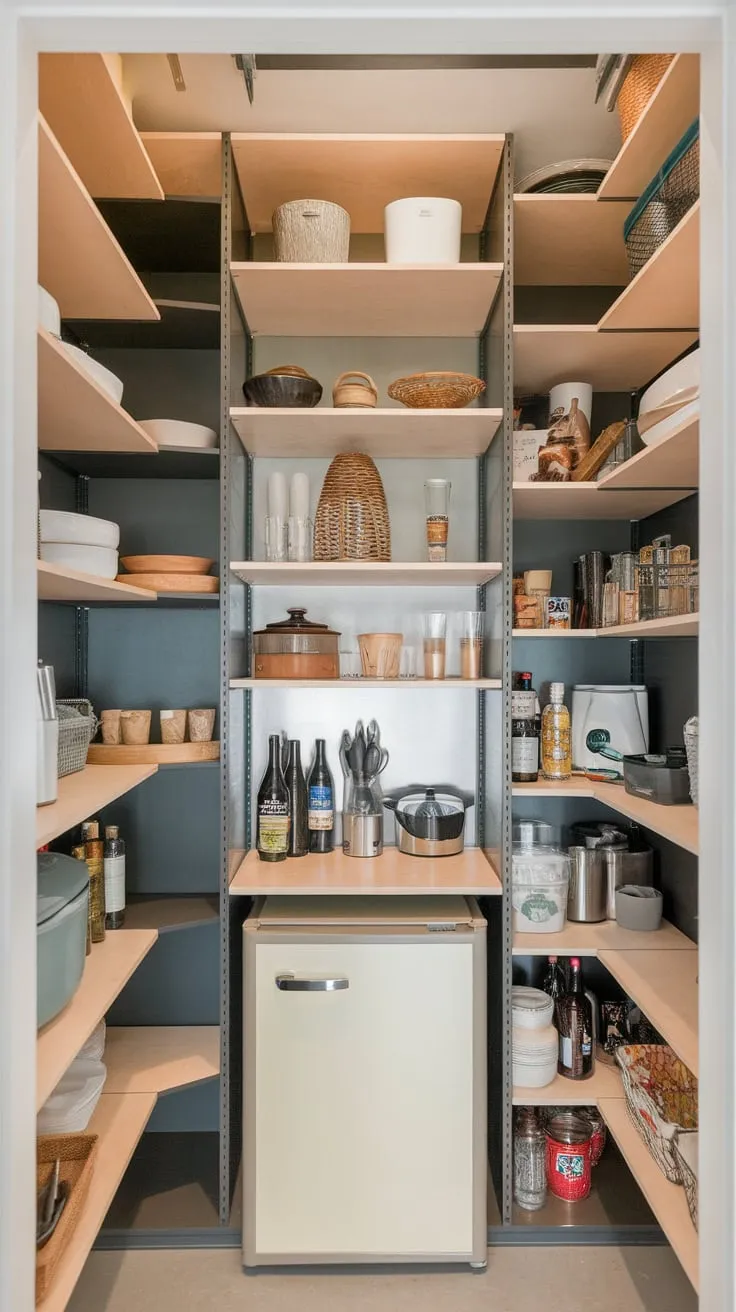 A well-organized small pantry cleverly combines light wood shelving, a dark metal closet, and a bottom-mounted fridge for efficient kitchen storage