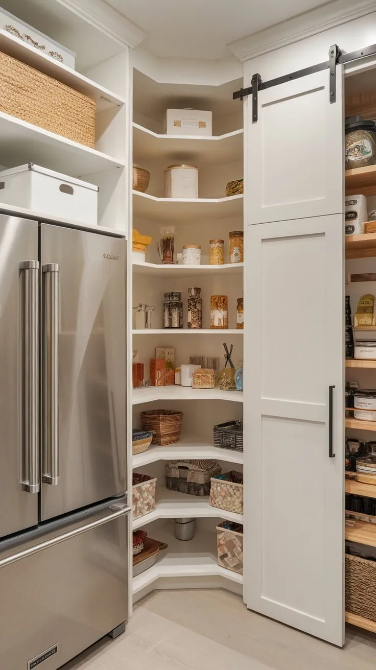 Custom-designed pantry shelving creates a bright, spacious, and highly organized storage solution combining walk-in and closet areas.