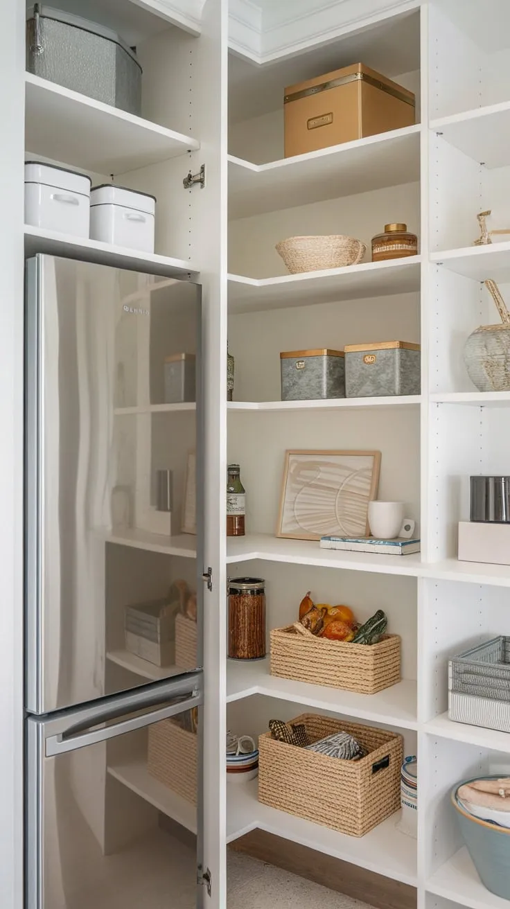 Transform your small space into a highly functional pantry using a custom design with space-saving shelving and integrated fridge storage.