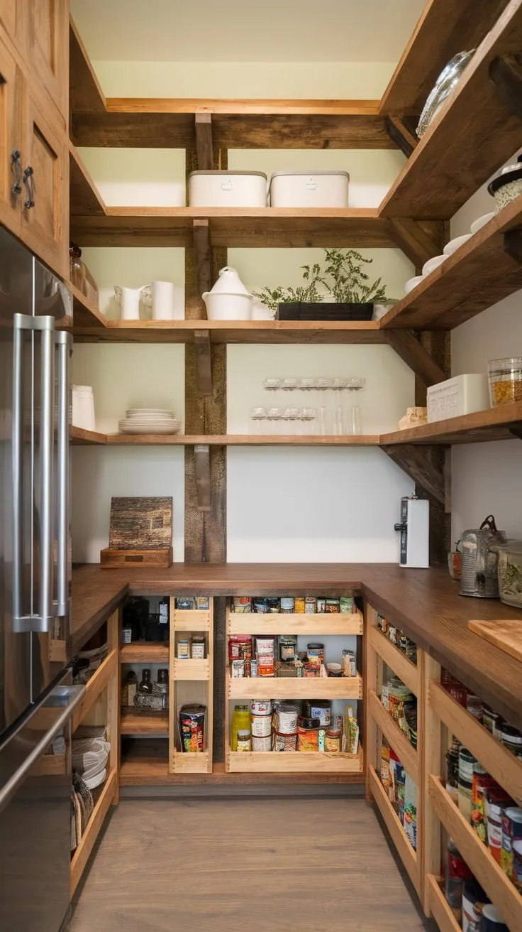 Rustic wooden beam shelving transforms a narrow pantry into an organized and charming walk-in storage solution.