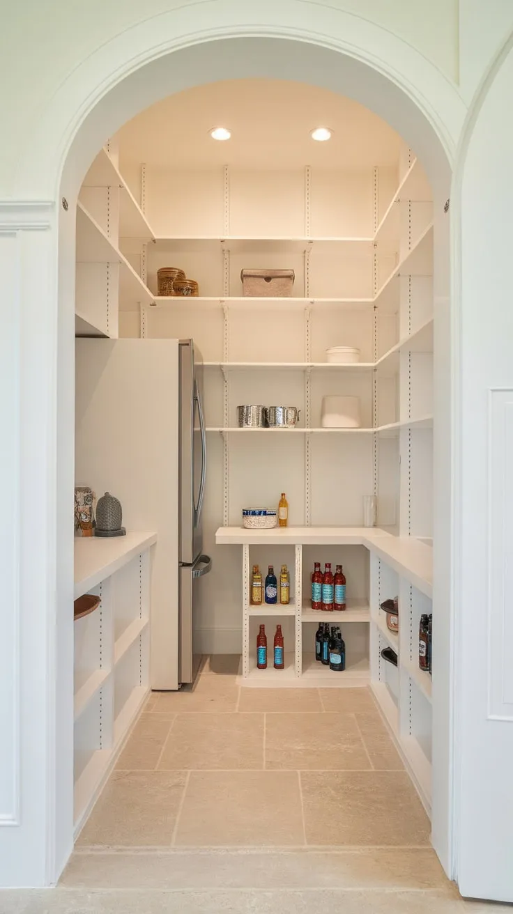 A bright walk-in pantry boasts custom white shelving, a fridge, and ample storage for a clean and organized feel
