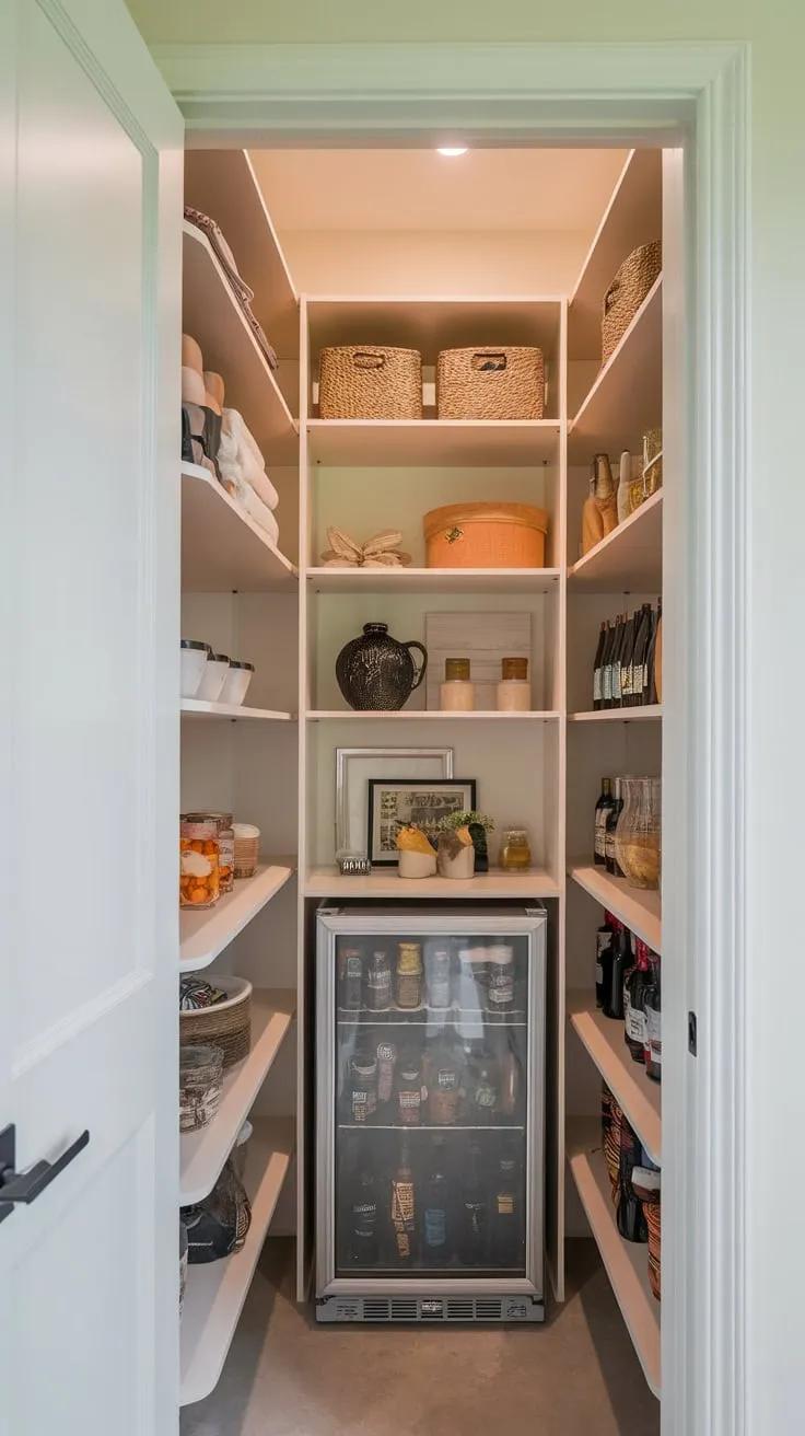 Transform a cramped corner into a functional walk-in pantry boasting space-saving custom shelving and a compact refrigerator.