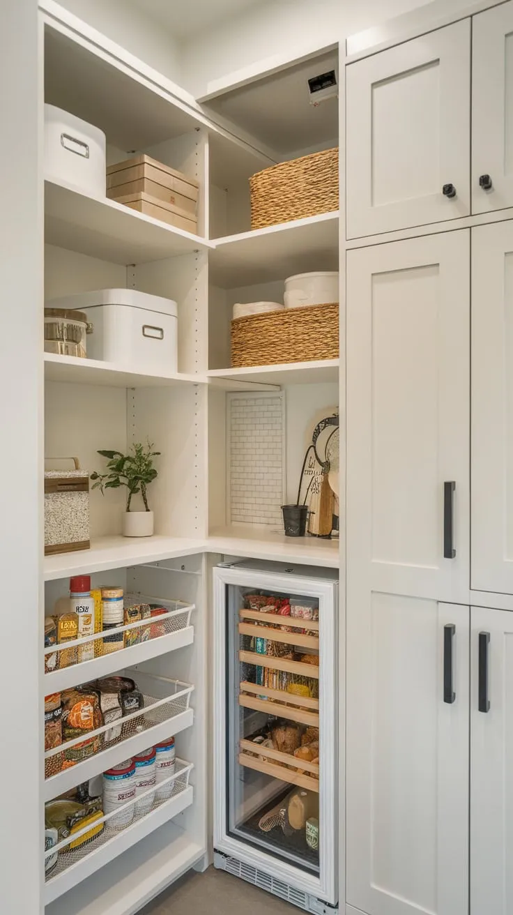A custom-designed walk-in pantry cleverly uses corner, tall, and utility shelving to optimize small-space storage, incorporating a fridge and closet for ultimate organization.