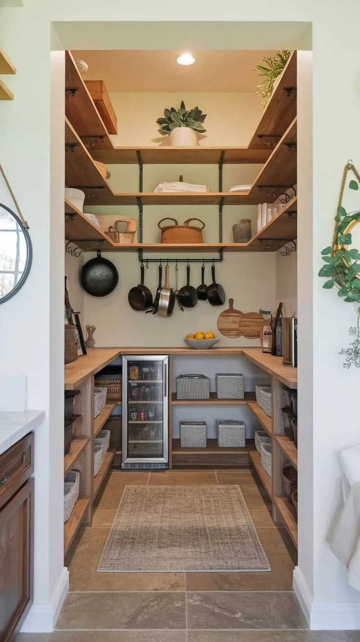 Maximize your small space with a custom rustic wood pantry featuring multiple shelves, a fridge, and hanging storage.
