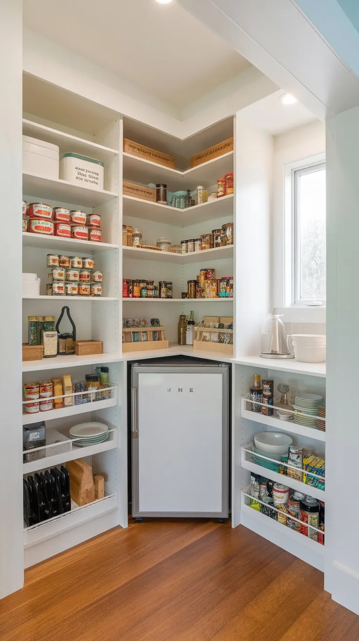 A custom-designed walk-in pantry featuring clever shelving maximizes space and functionality, creating an organized haven for food storage and a mini-fridge.