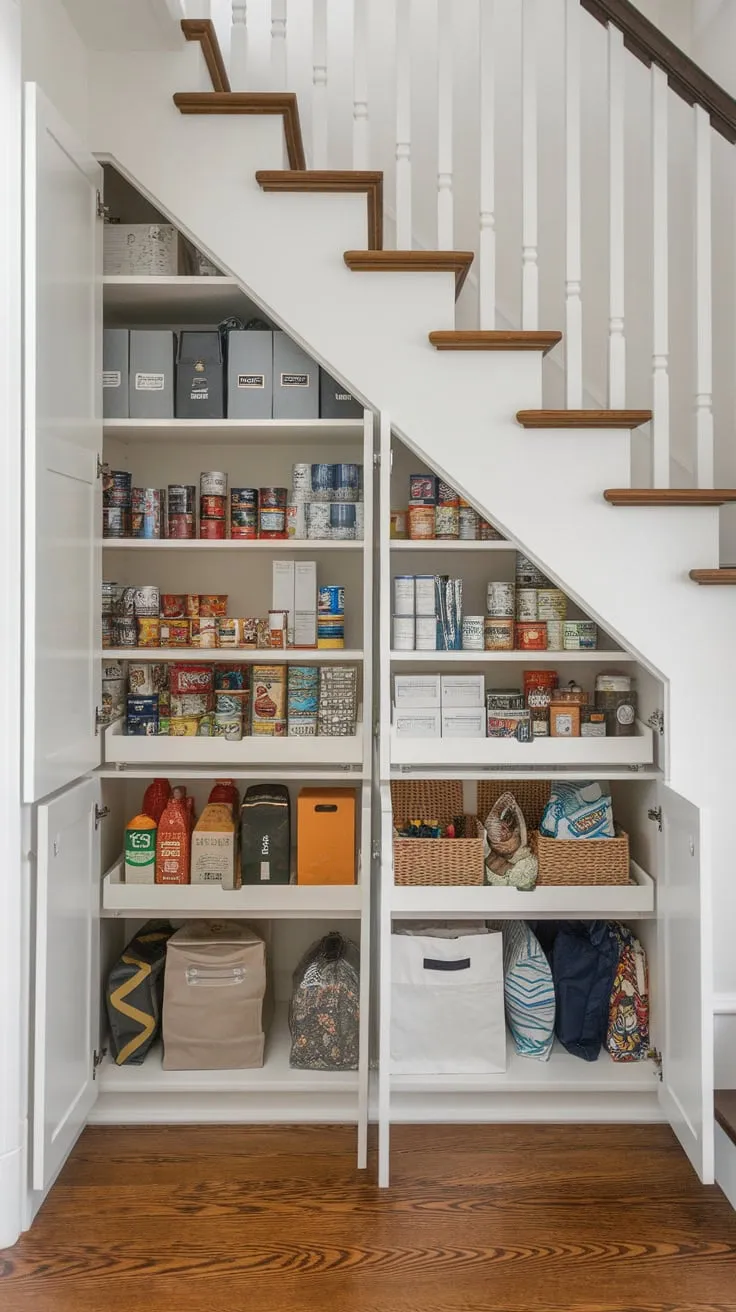 Clever under-stair storage transforms a wasted space into a functional pantry brimming with neatly arranged supplies.