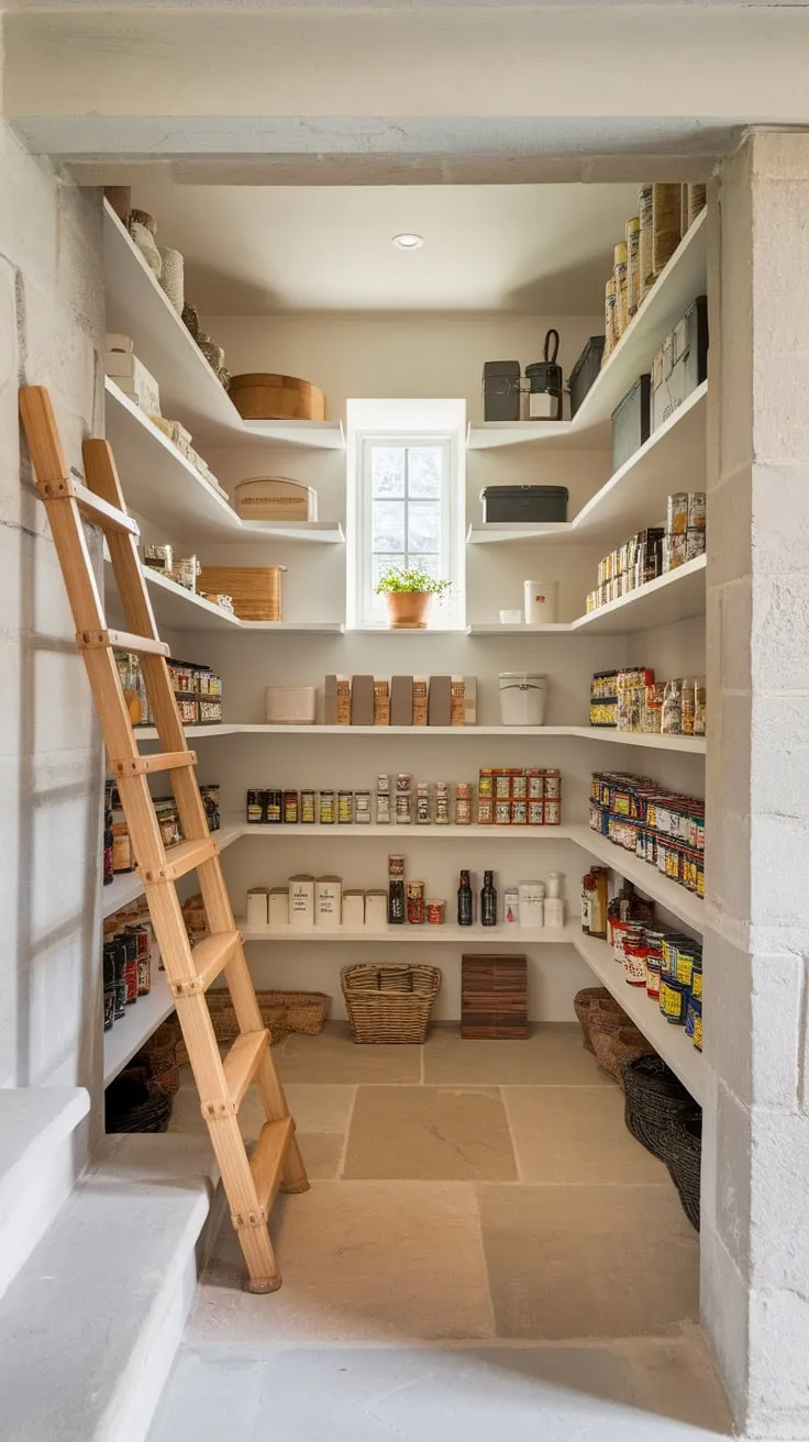 A bespoke storage system transforms an under-stair pantry into a bright, functional space brimming with organized goods