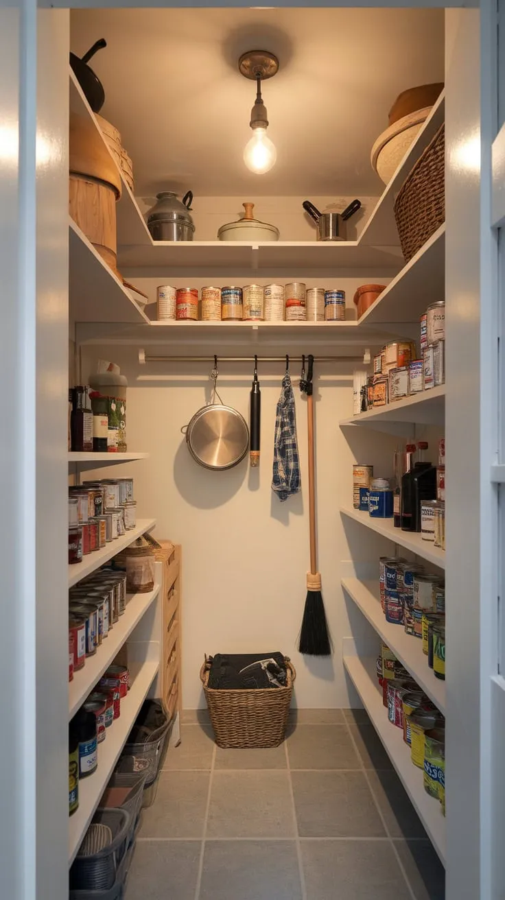 A bespoke under-stairs pantry maximizes space with clever shelving, hanging storage, and tiled flooring, illuminated by a single hanging bulb.