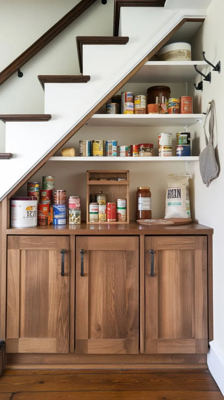 Neatly organized under-stair storage cleverly utilizes space with custom wooden cabinets and shelves for efficient pantry use.