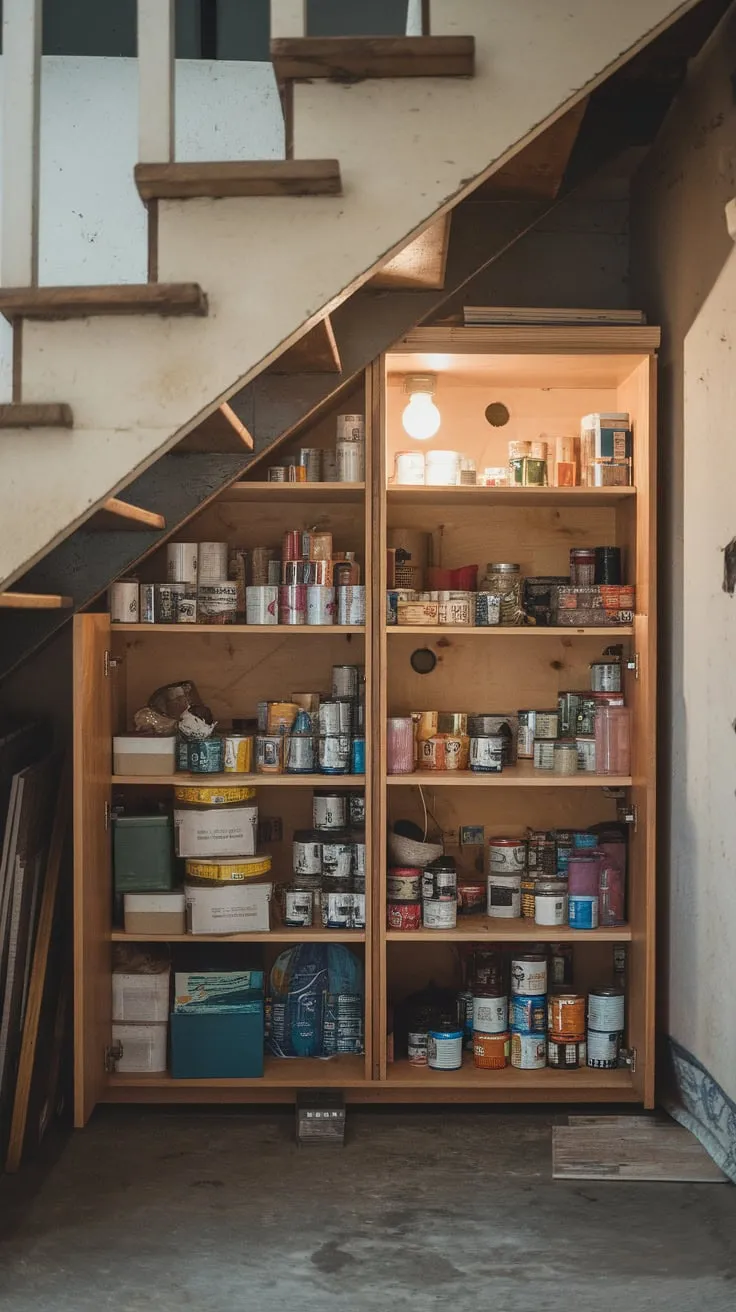 A well-lit wooden pantry tucked under the stairs maximizes space with its multiple shelves brimming with canned goods and other provisions