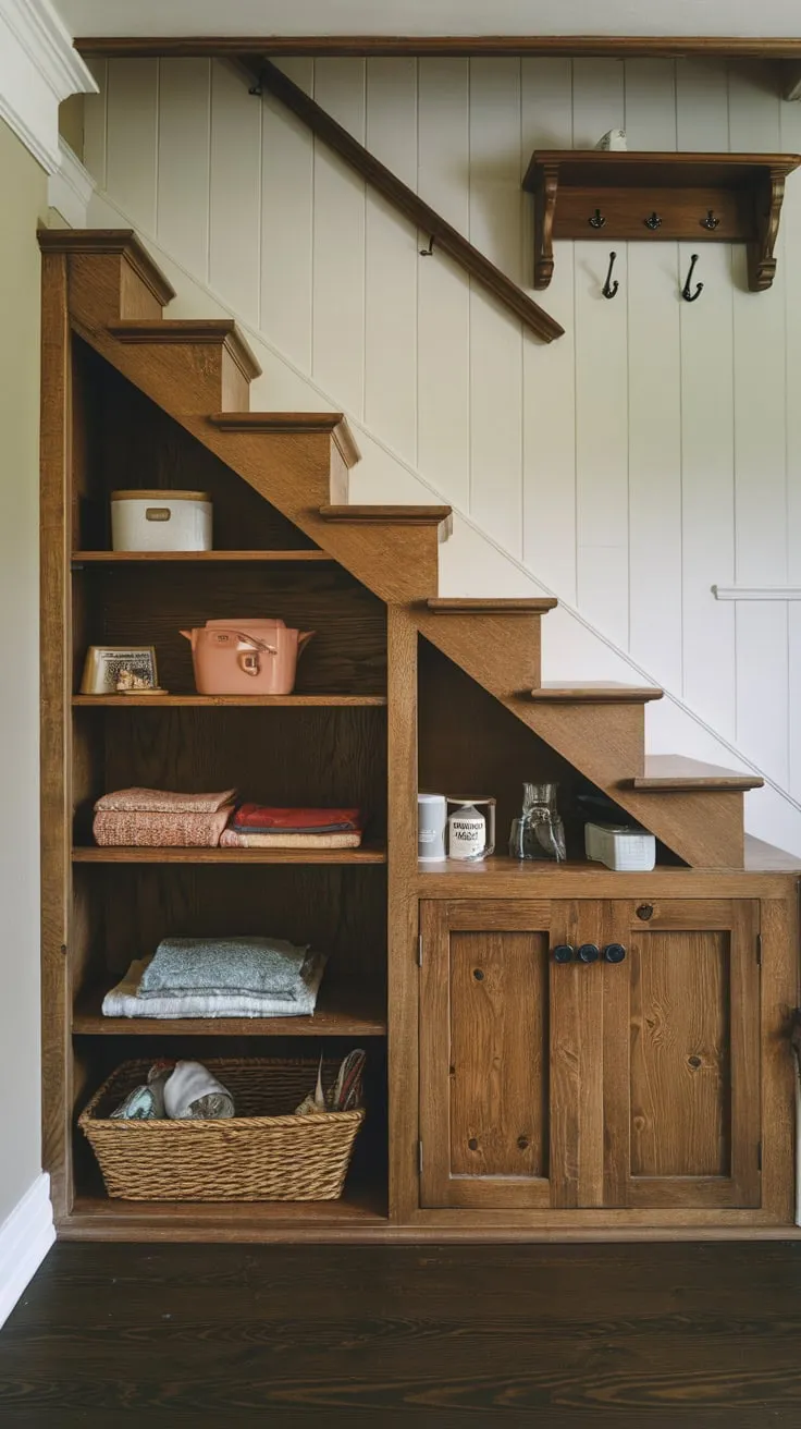 A bespoke dark wood pantry under the stairs maximizes space with deep shelving and added wall hooks creating a warm and inviting storage solution