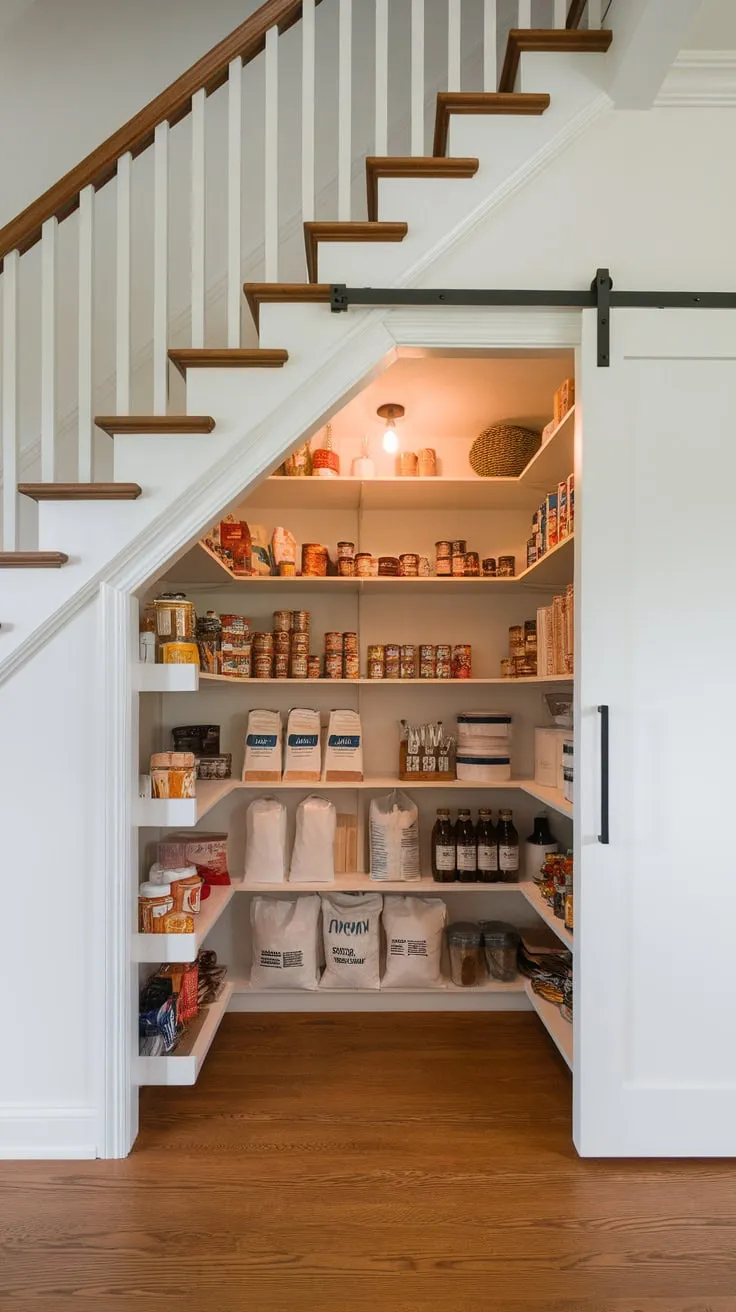 Underneath the stairs, a bright, efficient pantry with sliding doors and wooden shelves cleverly stores groceries in a stylish modern home.