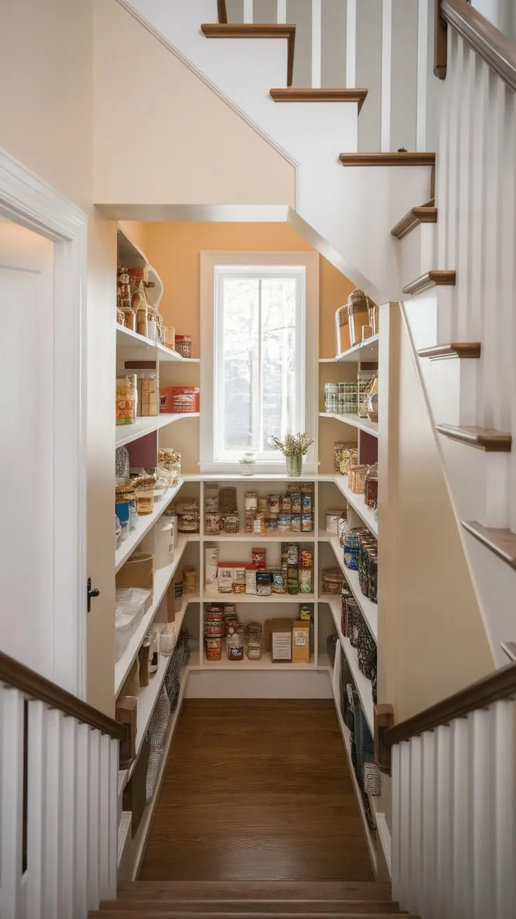 Under-stair storage transformed into a sunlit pantry brimming with neatly arranged canned goods and jars.