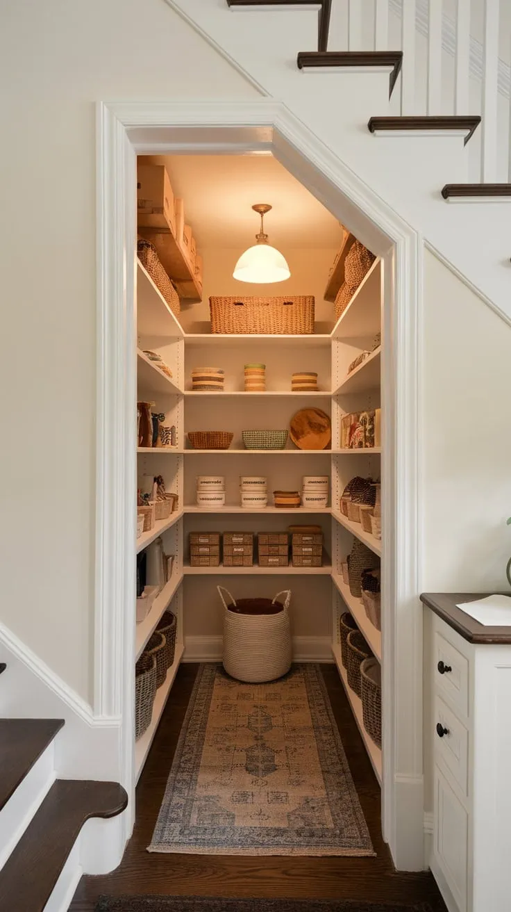A charming under-stair pantry, complete with shelves, a hanging lamp, and a soft rug, maximizes space with stylish simplicity