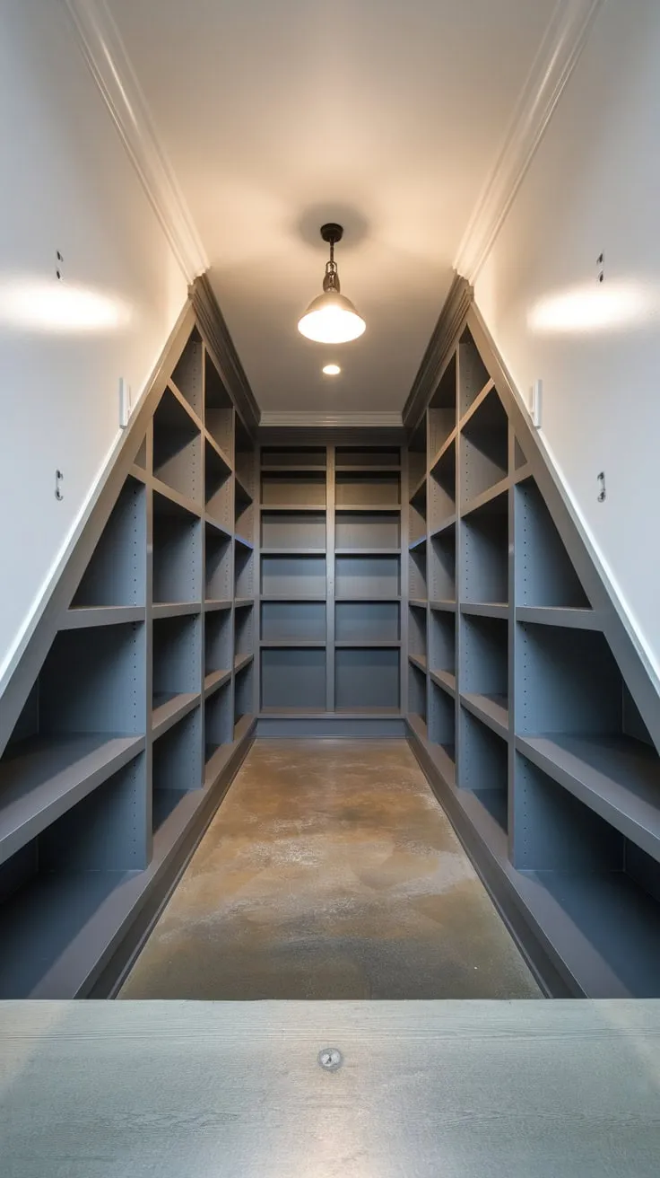 A sleek dark grey built-in cabinet system maximizes under-stair storage in a clean polished concrete space