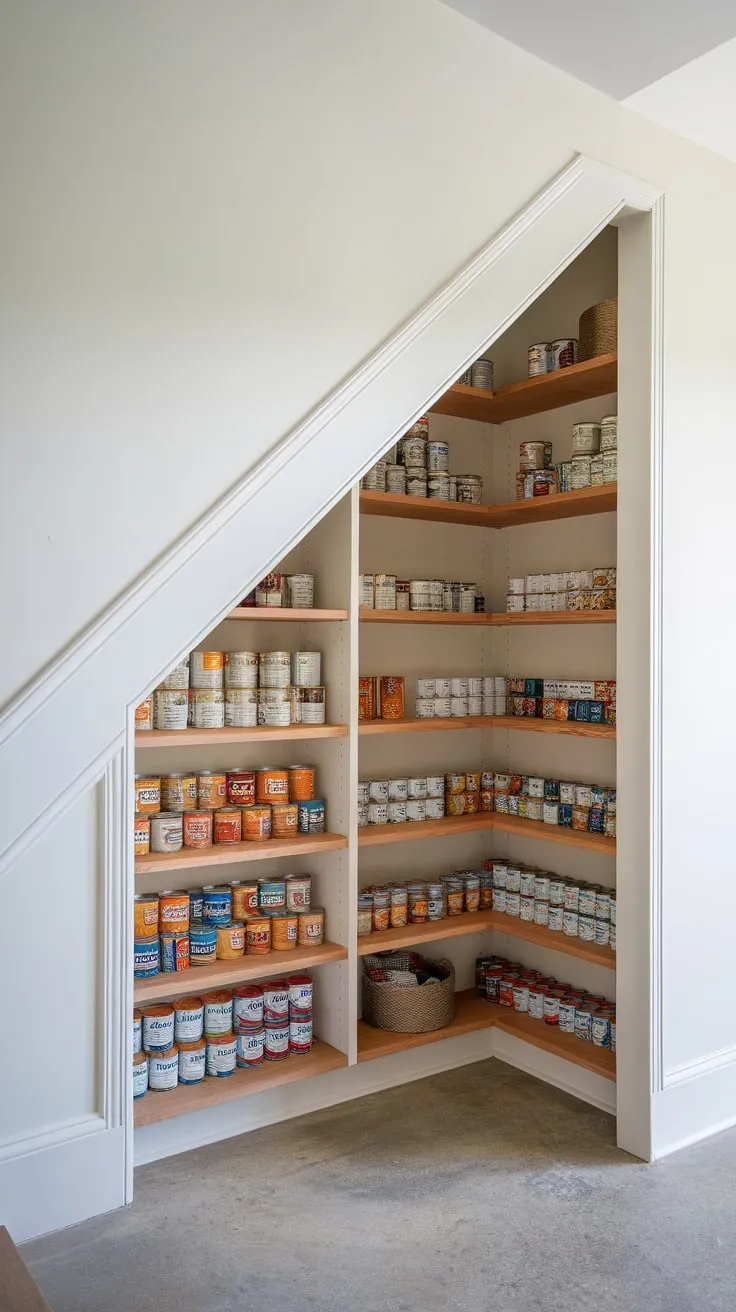 Custom-built under-stair storage maximizes space with a deep pantry featuring white walls, wooden shelves, and a concrete floor.