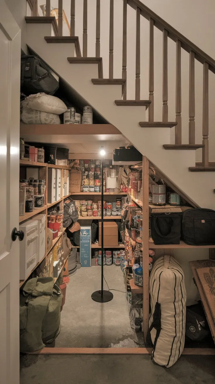 Deep under-stair storage maximizes space with shelving and lighting for easy access to canned goods and supplies.