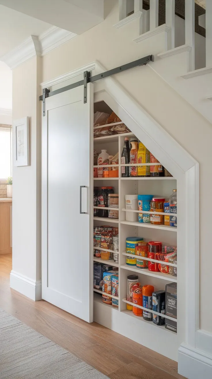 A bright white under-stair pantry features a deep, sliding-door cabinet perfectly organized for food storage.