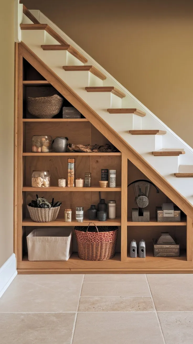 A bespoke wooden pantry tucked under light-hued stairs maximizes underutilized space with stylish, natural-finish shelving.