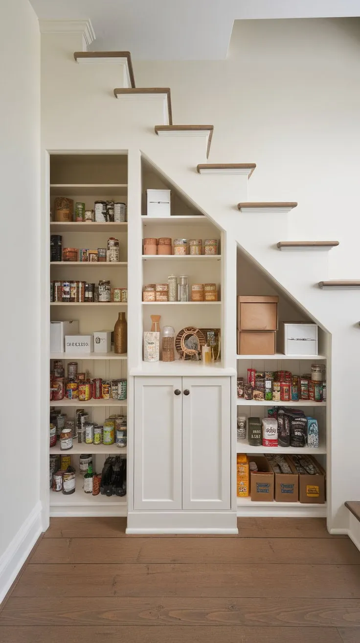 Clever custom storage transforms wasted under-stair space into a functional and attractive pantry.