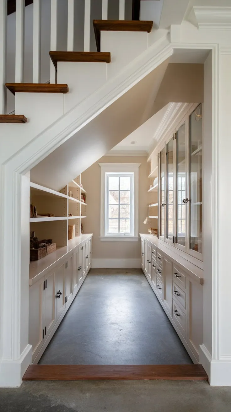 Maximize under-stair space with custom cabinetry, glass doors, natural light, and exterior access for a functional and stylish pantry.