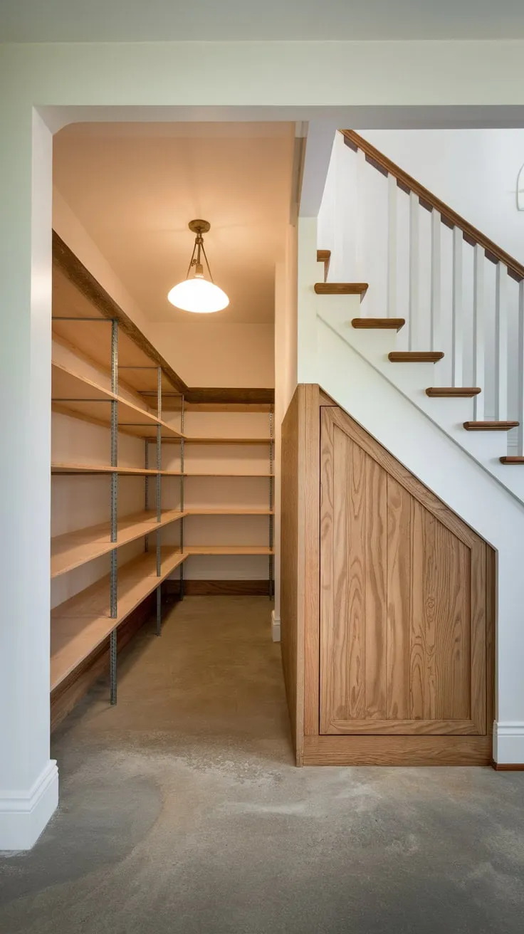 A bespoke wooden cabinet maximizes under-stair space creating a bright, efficient pantry with concrete flooring