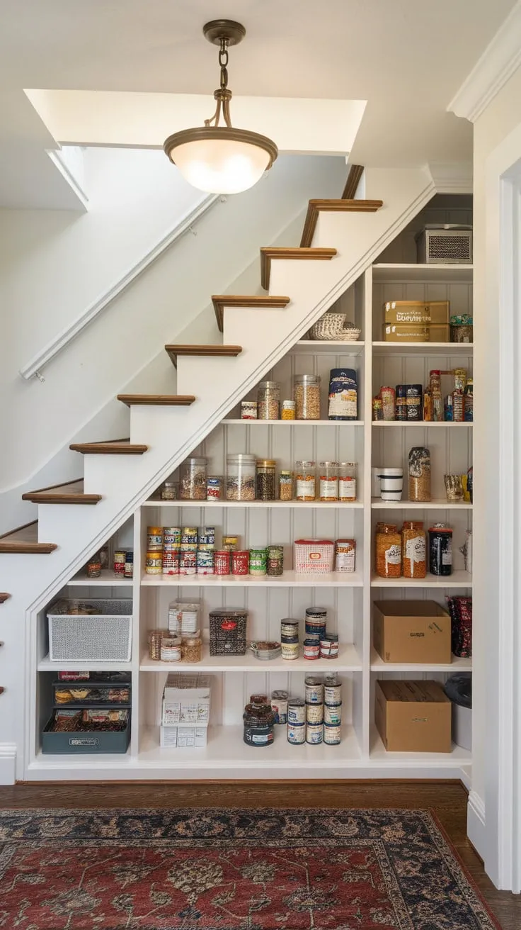 A charming white-walled pantry nestled under wooden stairs overflows with neatly organized canned goods, jars, and boxes, illuminated by a hanging light.